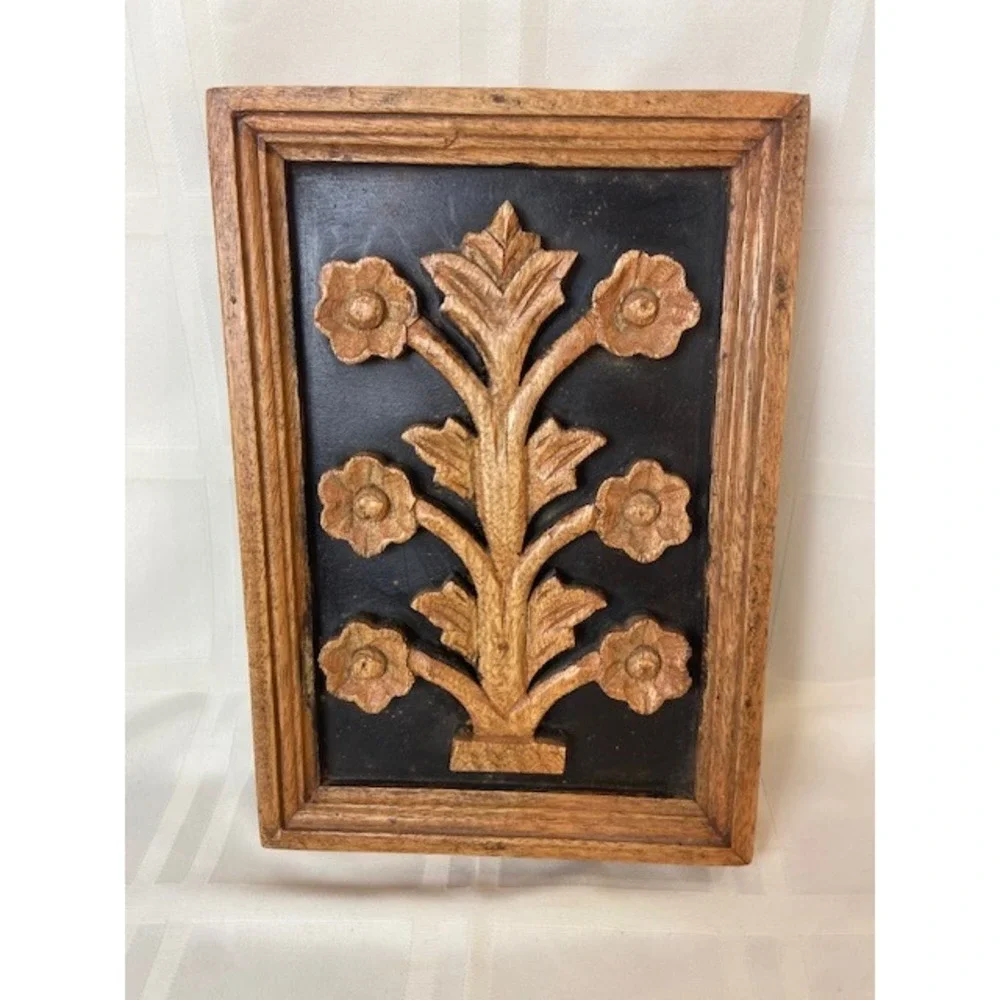 Vintage Teak Tree Carved Floral Wood Wall Art MCM Brown Black Plaque Relief 10x7